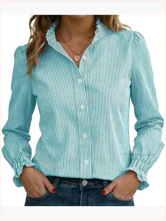 Tops - Striped Button Down Blouse Long Sleeve Smocked Cuffed Ruffle Collar Work Shirt